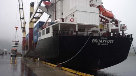The Bruarfoss moves a container in St. Anthony, Newfoundland